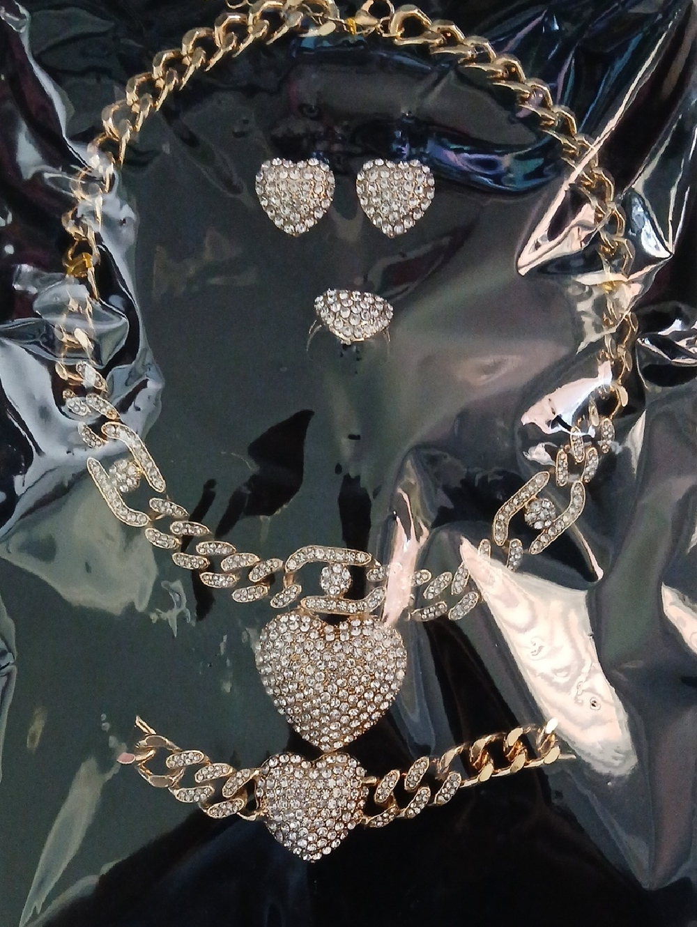 Gold Heart Crystal Necklace, Bracelet & Earring Set